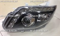 Оптика (фары) Toyota Corolla Axio / Fielder 141 с линзой + диодная полоса (черные+белые)