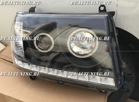 Фары (оптика) светодиодная Toyota Land Cruiser 100 2005 с ангельскими глазками + линза черные